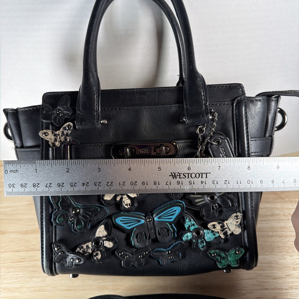 Coach Swagger 17 Black Butterfly Applique Genuine Leather Crossbody Bag Purse - Picture 5 of 16